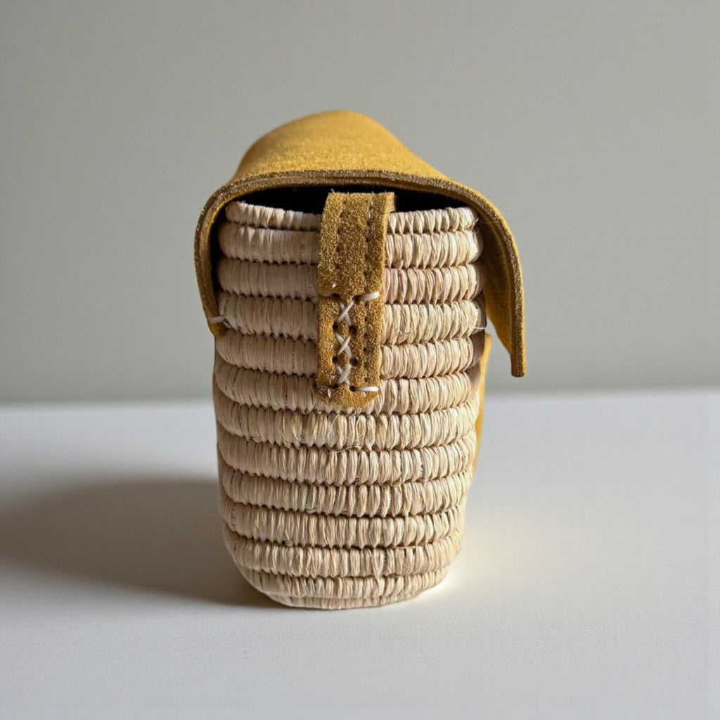 Mustard Suede & Raffia Crossbody Bag - Boho Woven Shoulder Purse