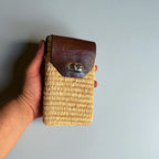 Woven Raffia Phone Bag Crossbody with Leather Flap