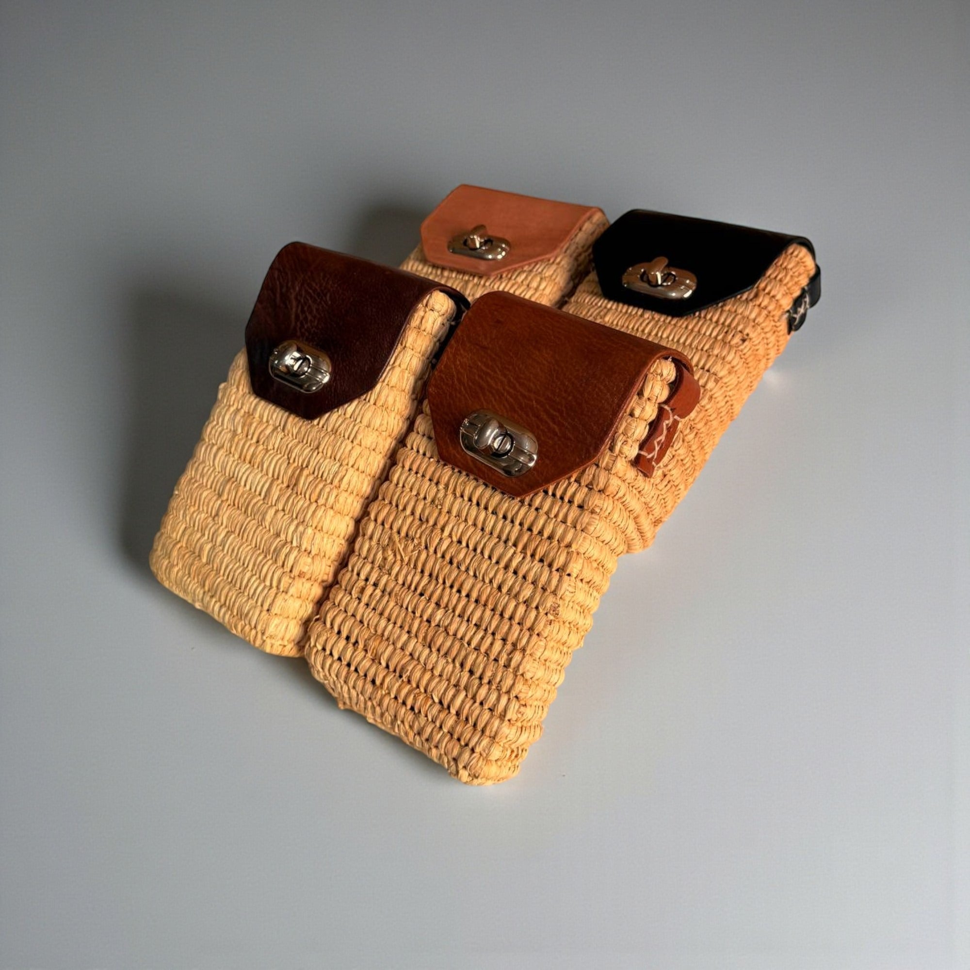 Woven Raffia Phone Bag Crossbody with Leather Flap