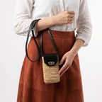 Woven Raffia Phone Bag Crossbody with Leather Flap