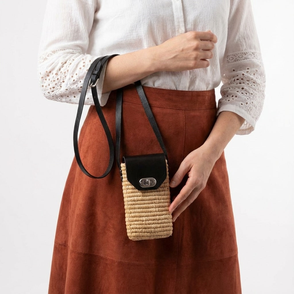 Woven Raffia Phone Bag Crossbody with Leather Flap