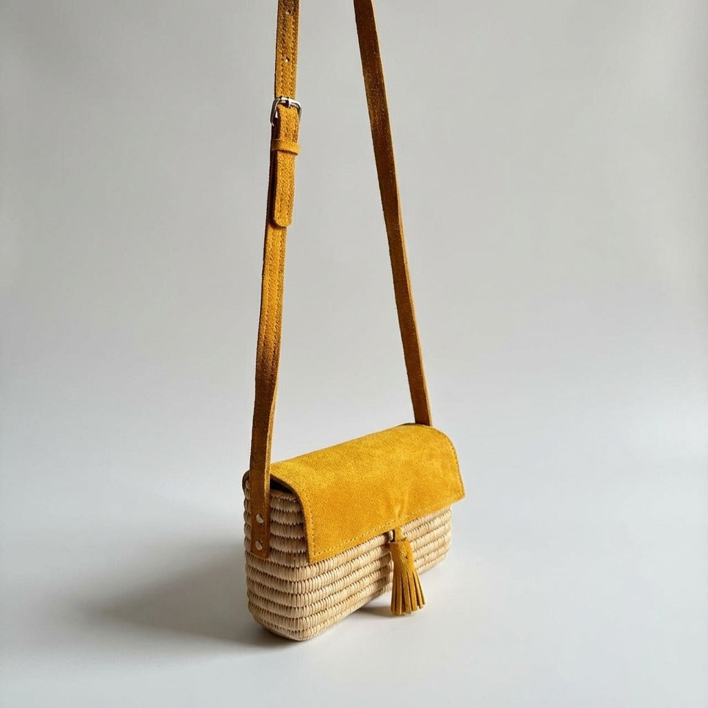Woven Raffia & Mustard Suede Crossbody Bag with Tassel