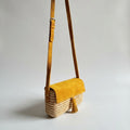 Mustard Suede & Raffia Crossbody Bag - Boho Woven Shoulder Purse