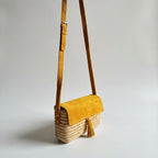 Mustard Suede & Raffia Crossbody Bag - Boho Woven Shoulder Purse
