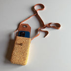 Woven Raffia Phone Bag Crossbody with Leather Flap