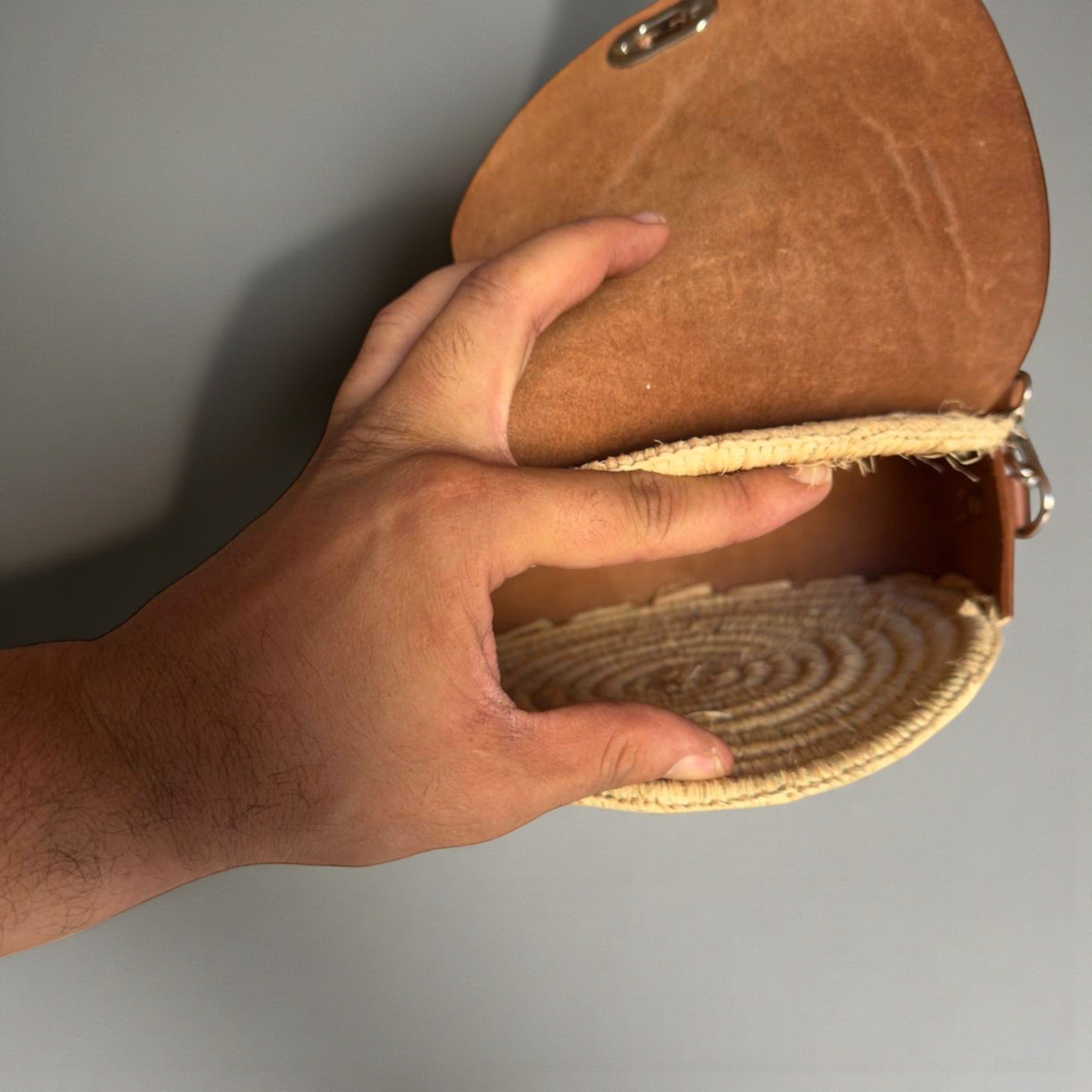 Round Raffia Leather Bag - Handmade Woven Boho Crossbody Purse