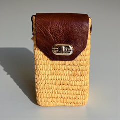 Woven Straw Phone Crossbody Bag Leather Flap Boho Case