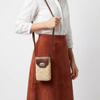 Woven Raffia Phone Bag Crossbody with Leather Flap