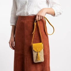 Mustard Suede & Straw Phone Crossbody Bag Boho Style