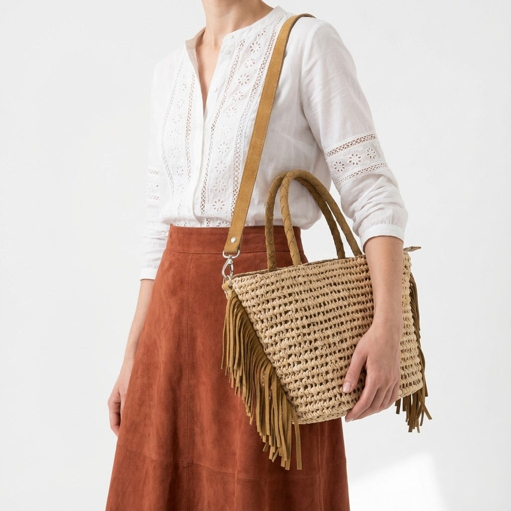 Boho Woven Straw Tote Bag with Suede Fringe & Detachable Strap