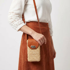 Woven Straw Phone Crossbody Bag Leather Flap Boho Case