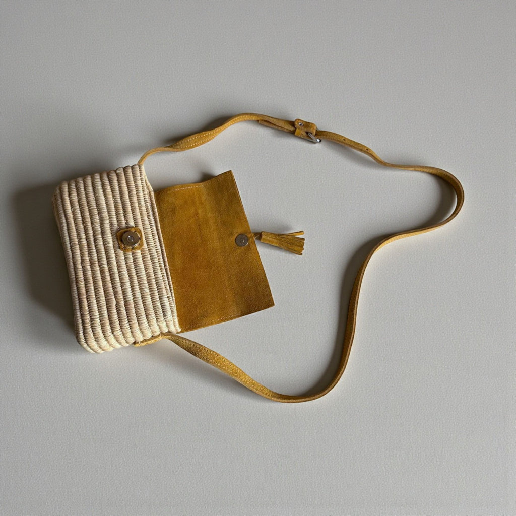 Mustard Suede & Raffia Crossbody Bag - Boho Woven Shoulder Purse