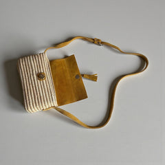 Woven Raffia & Mustard Suede Crossbody Bag with Tassel