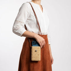 Woven Straw Phone Crossbody Bag Leather Flap Boho Case