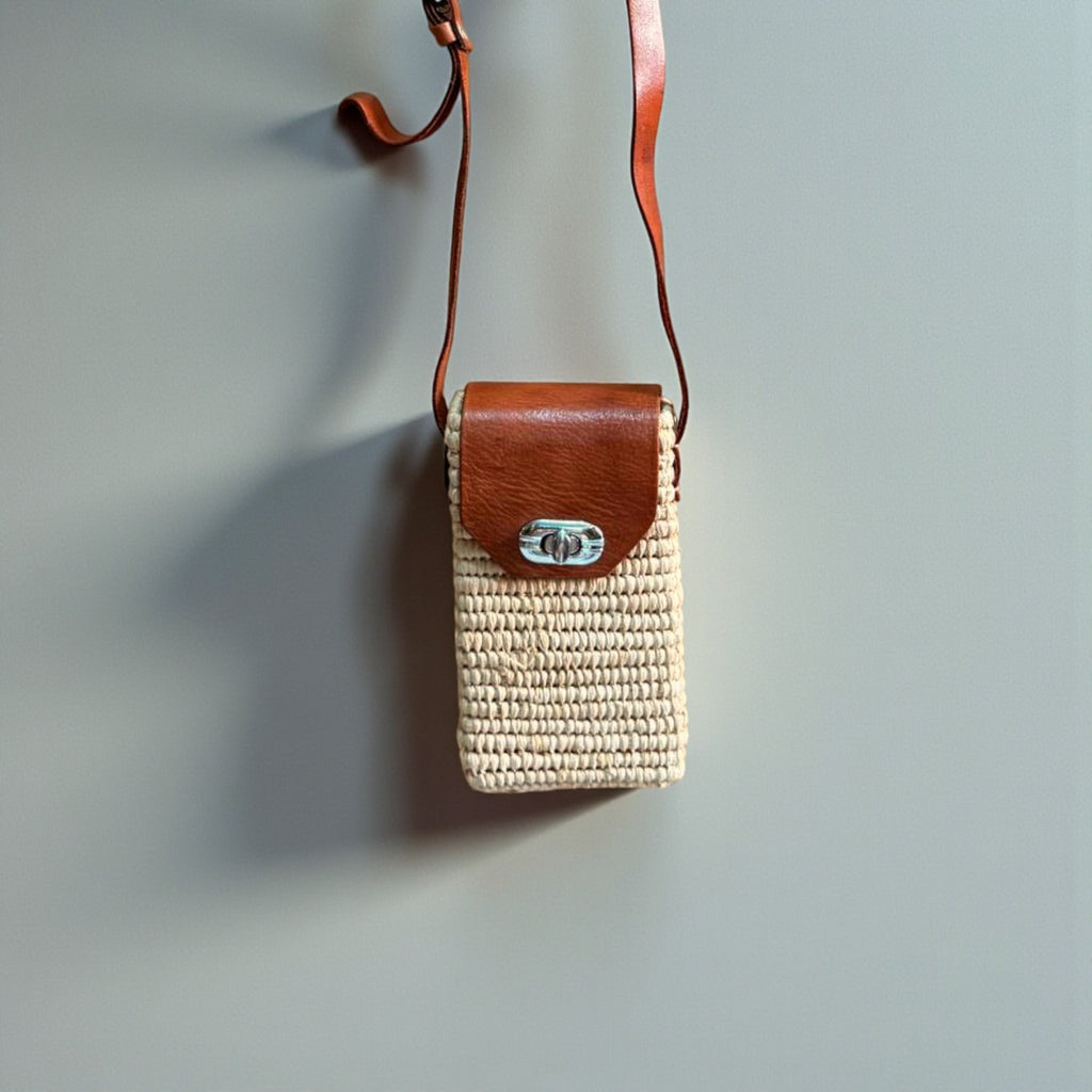 Woven Raffia Phone Bag Crossbody with Leather Flap