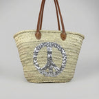 Sequin Peace Sign Straw Tote - Boho Market Basket with Leather Handles