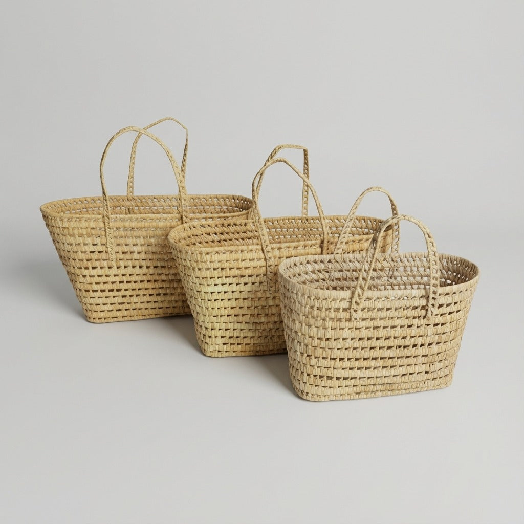 Open Weave Straw Market Basket - Natural Palm Leaf Storage Tote