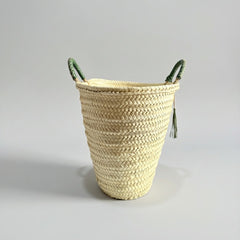 Woven Palm Leaf Market Basket Leather Handles Tassel