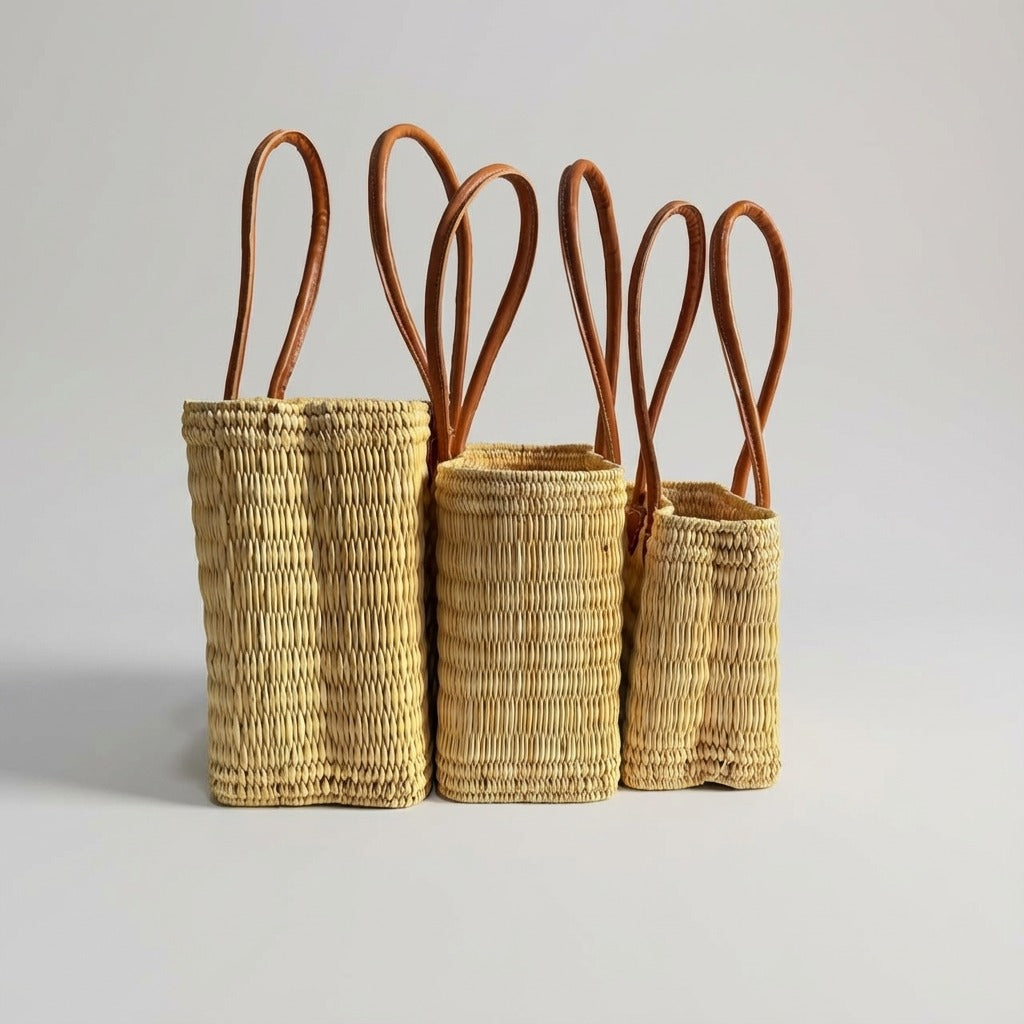 Rectangular Straw Market Bag with Leather Handles - Woven Beach Tote