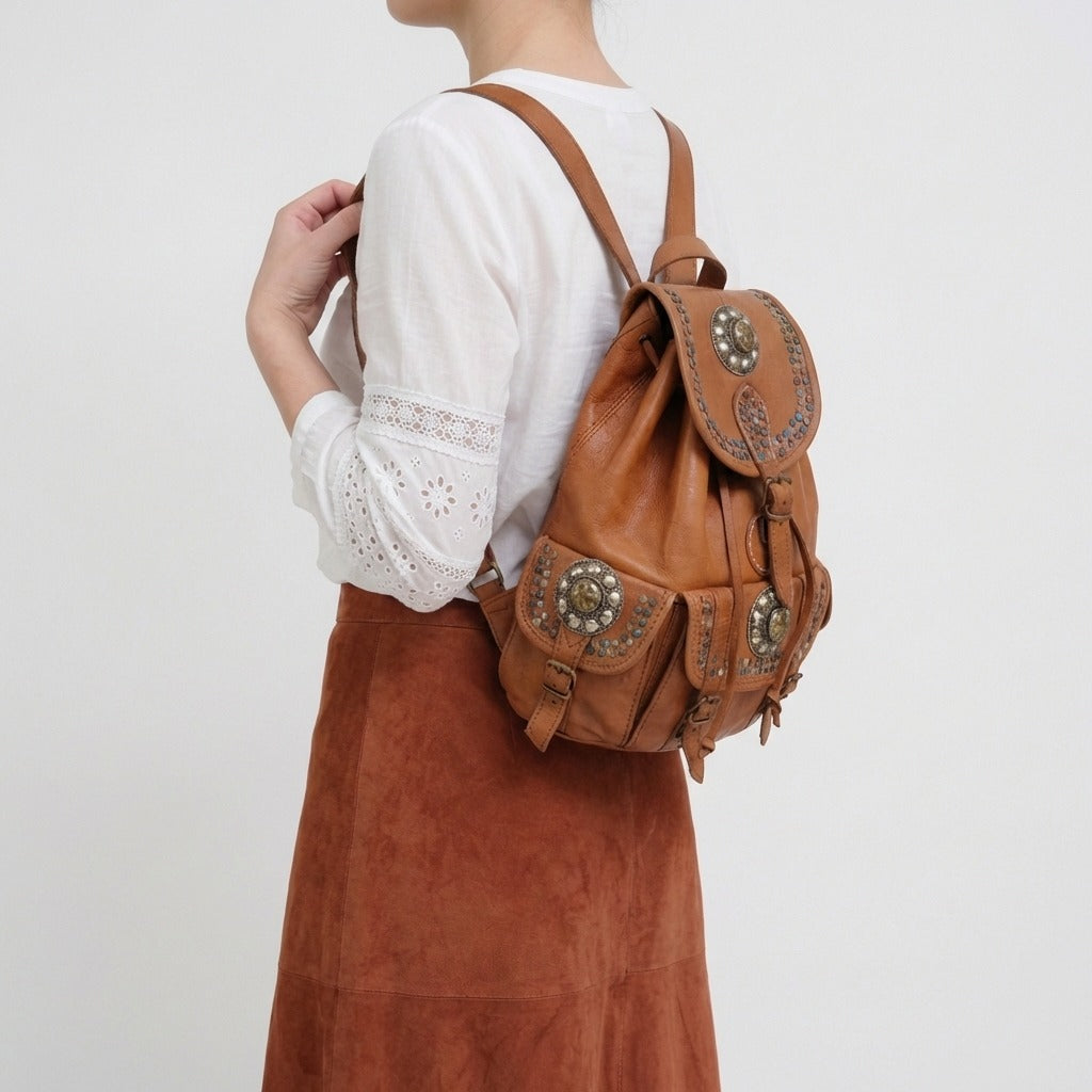 Vintage Style Leather Backpack Boho Western Rucksack with Studs