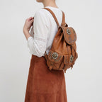 Vintage Style Leather Backpack Boho Western Rucksack with Studs