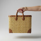 French Market Basket with Leather Handles - Woven Straw Tote Bag