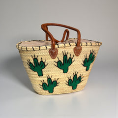 Embroidered Cactus Straw Tote Bag with Leather Handles - Summer Beach & Market Carryall