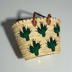 Embroidered Cactus Straw Tote Bag with Leather Handles - Summer Beach & Market Carryall