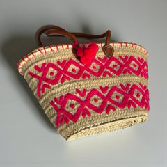 Handwoven Pink Arabesque Straw Tote Bag with Leather Handles & Pom Pom | Bohemian Beach Market Bag
