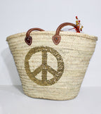 Sequin Peace Sign Straw Tote - Boho Market Basket with Leather Handles
