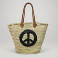Sequin Peace Sign Straw Tote - Boho Market Basket with Leather Handles
