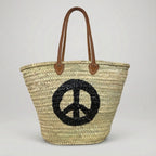 Sequin Peace Sign Straw Tote - Boho Market Basket with Leather Handles