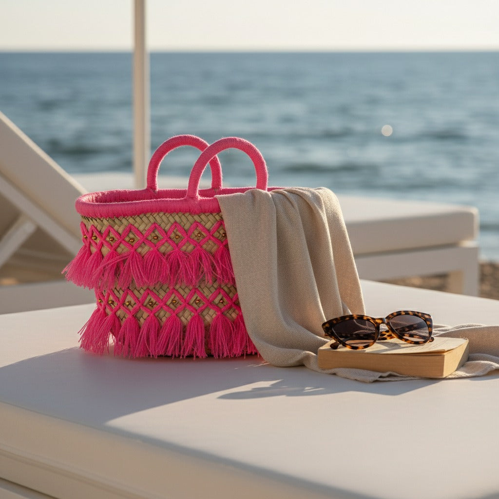 Woven Straw Tote Bag Macrame Fringe Boho Beach Basket