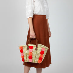 Handmade Moroccan Straw Tote Bag with Pom Poms & Sequins