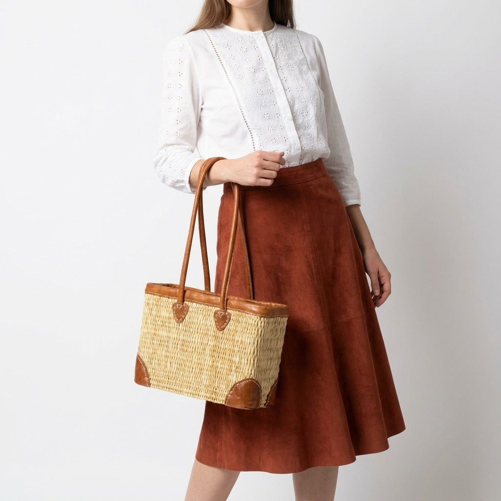 French Market Basket with Leather Handles - Woven Straw Tote Bag