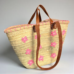 Floral Embroidered Straw Beach Bag with Leather Handles
