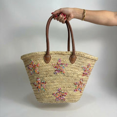 Bohemian Straw Beach Tote with Embroidered Stars - Handcrafted Summer Essential