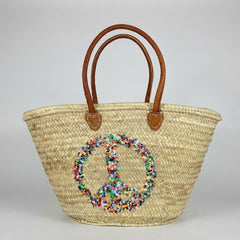Sequin Peace Sign Straw Market Tote Bag Leather Handles