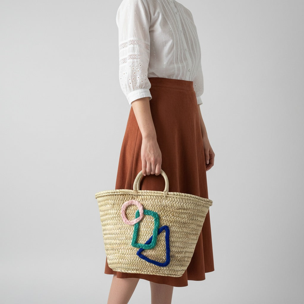 Woven Straw Beach Tote Bag with Geometric Embroidery