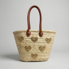 Gold Glitter Heart Straw Tote Bag with Leather Handles - Summer Beach Handbag