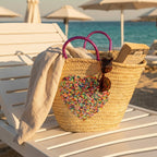 Sequin Heart Straw Market Basket - Handmade Boho Beach Tote Bag