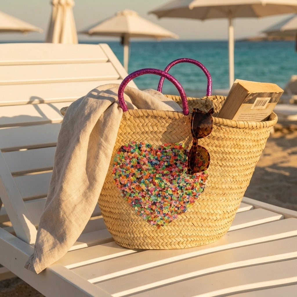 Sequin Heart Straw Market Basket - Handmade Boho Beach Tote Bag