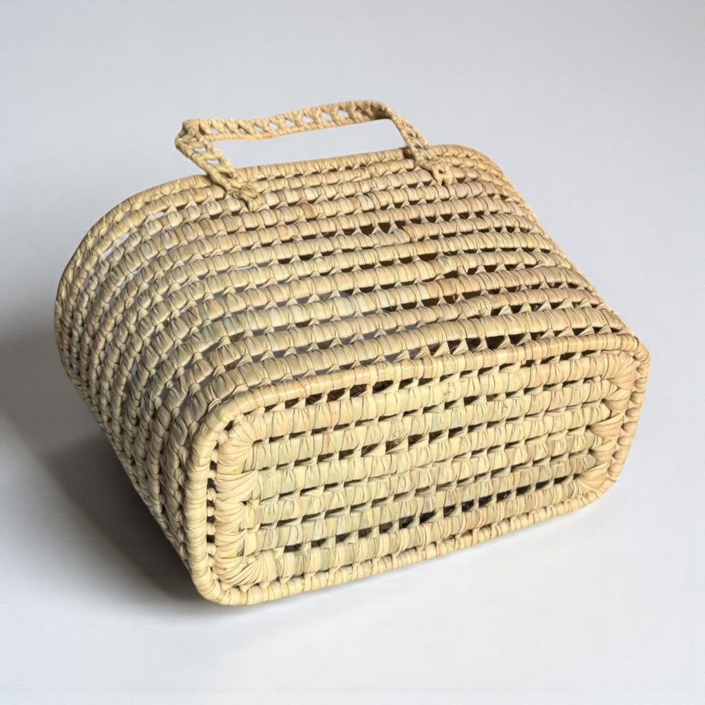 Open Weave Straw Market Basket - Natural Palm Leaf Storage Tote