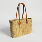 Rectangular Straw Market Bag with Leather Handles - Woven Beach Tote