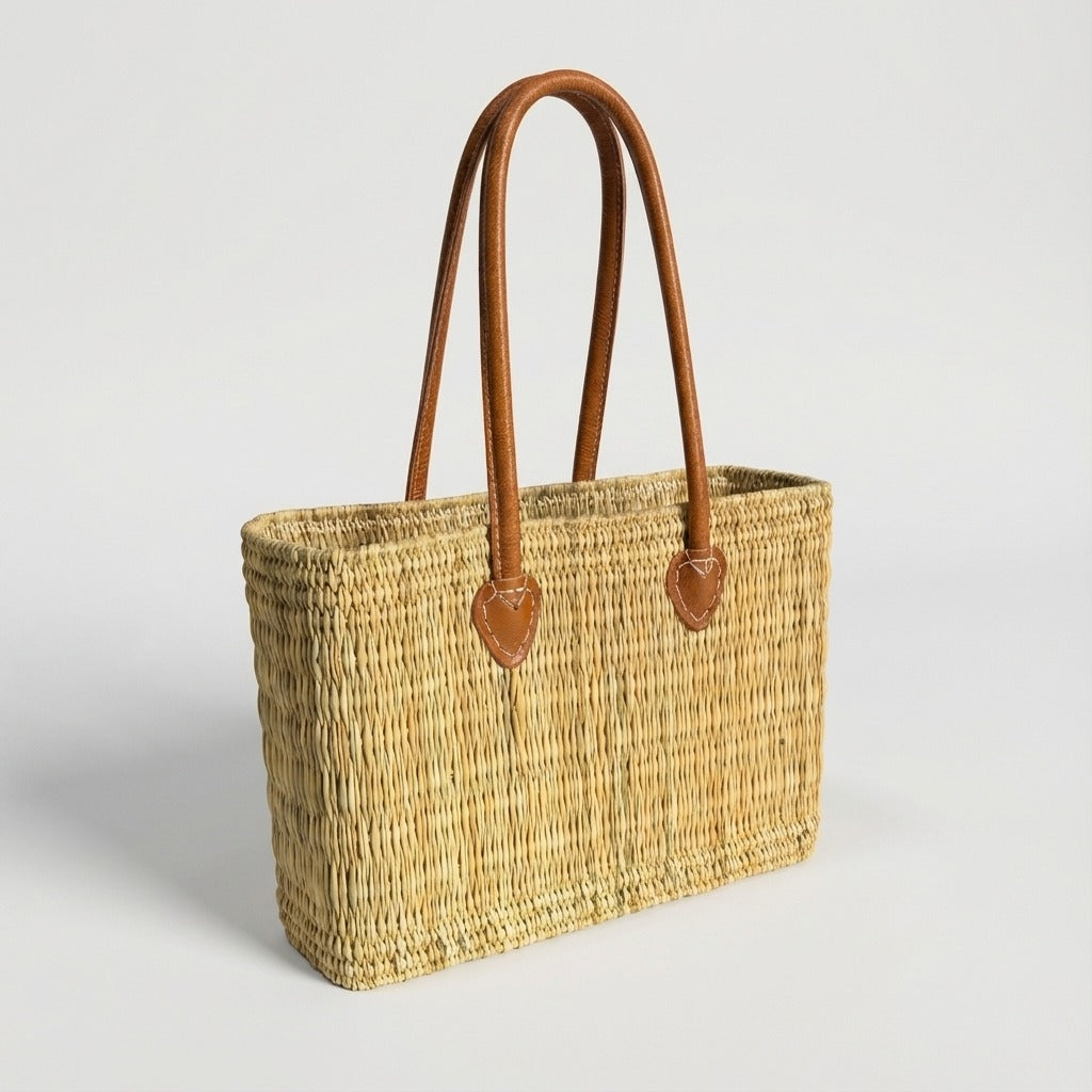 Rectangular Straw Market Bag with Leather Handles - Woven Beach Tote
