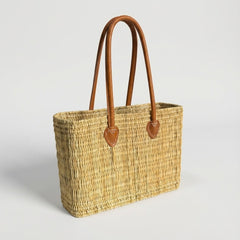 Classic Straw Basket Bag - Tote with Genuine Leather Handles