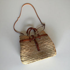 Woven Straw Market Basket Bag Leather Crossbody Tote