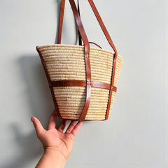 Raffia Market Basket Tote – Real Leather Straps, Woven Straw