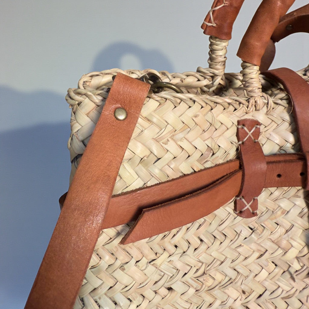 Woven Straw Tote Bag with Leather Handles & Strap - Summer Basket