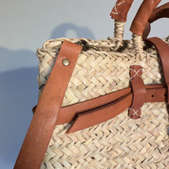 Woven Straw Market Basket Bag Leather Crossbody Tote